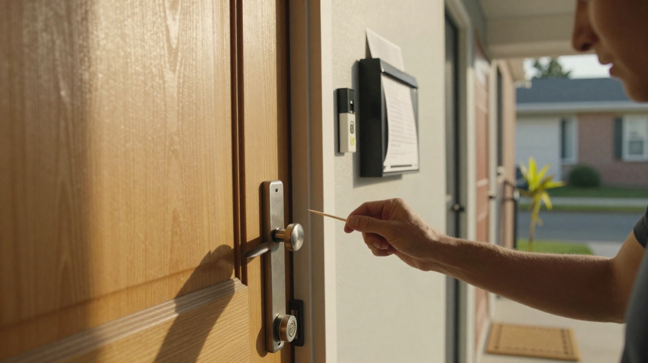 Person inserting a key card into a modern door lock at an apartment entrance during daytime.