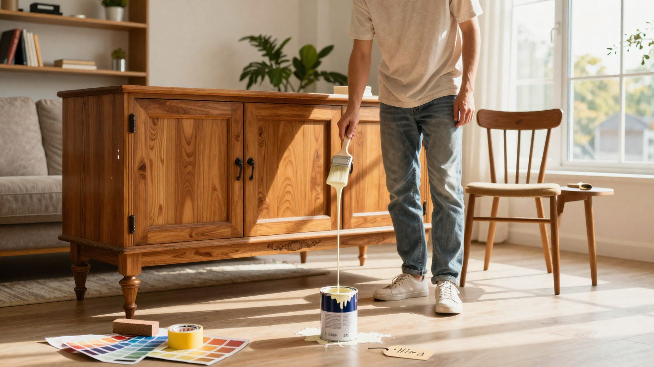 Person standing beside wooden cabinet, dipping paintbrush into white paint can on floor with colour samples nearby.
