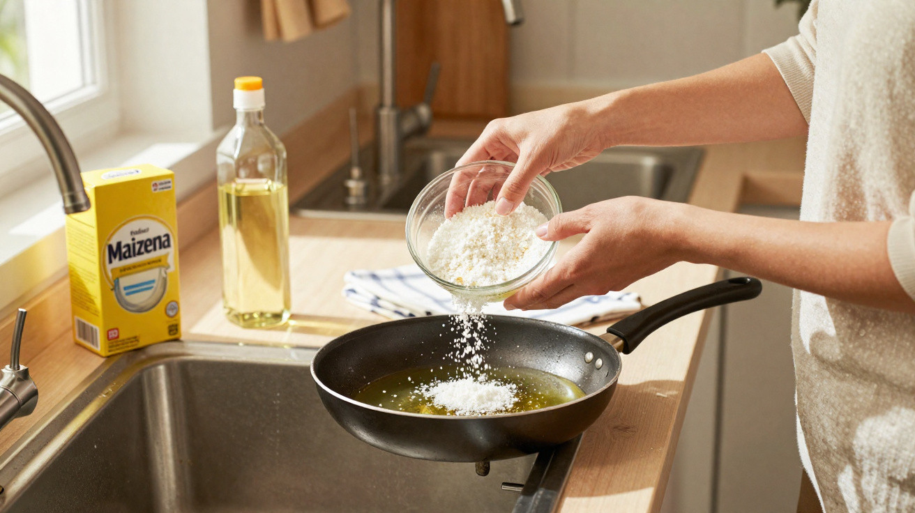 Person pouring cornflour into frying pan with oil next to kitchen sink and box of Maizena cornflour on counter
