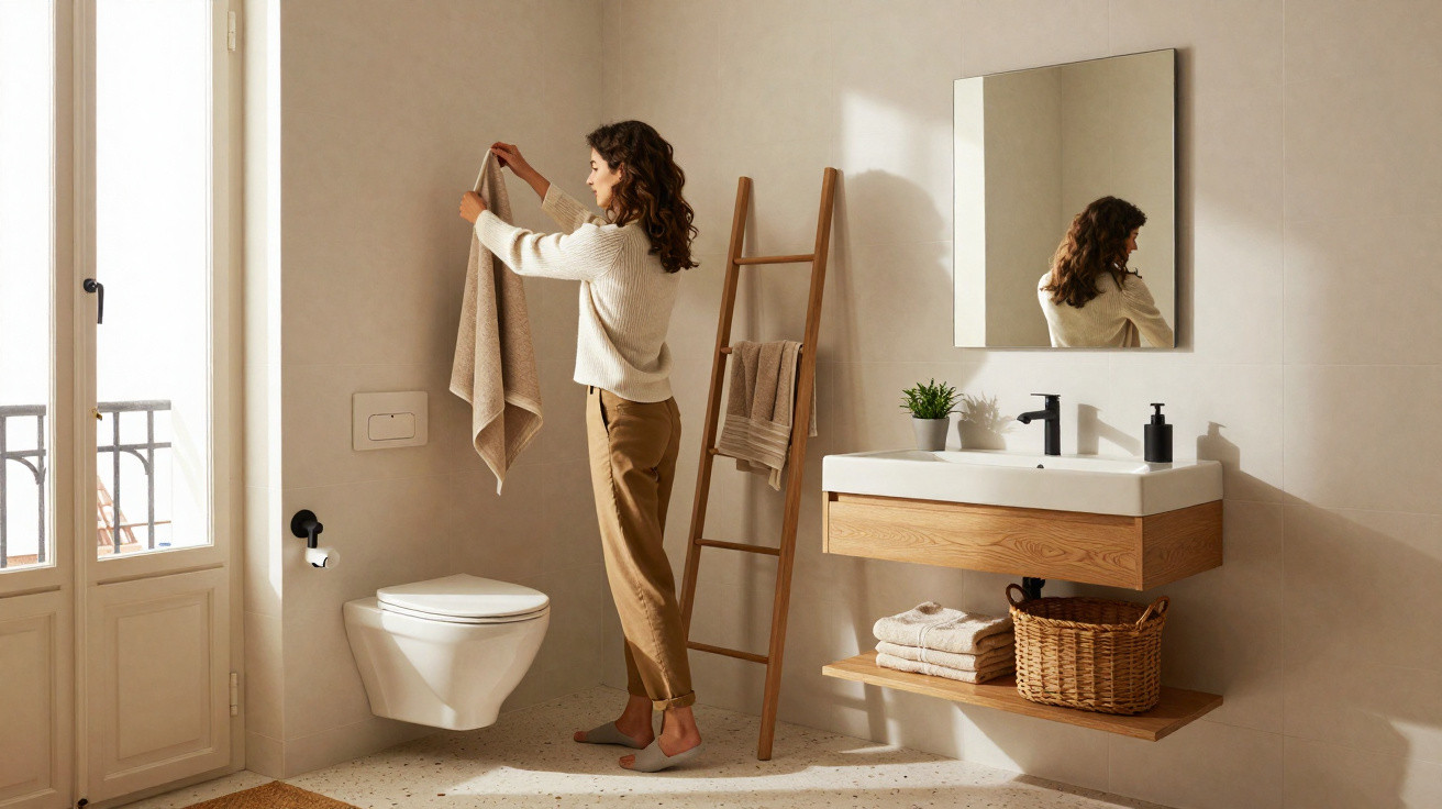 Woman hanging a towel on a wooden ladder in a modern bathroom with a wall-mounted toilet and floating vanity.