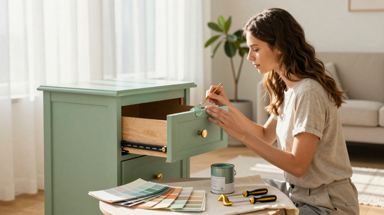 Woman painting a green wooden drawer in a sunlit living room with paint swatches and tools nearby.
