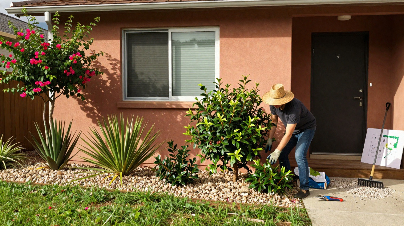 Person wearing a straw hat gardening and trimming shrubs in front of a house with a pink wall and black door.
