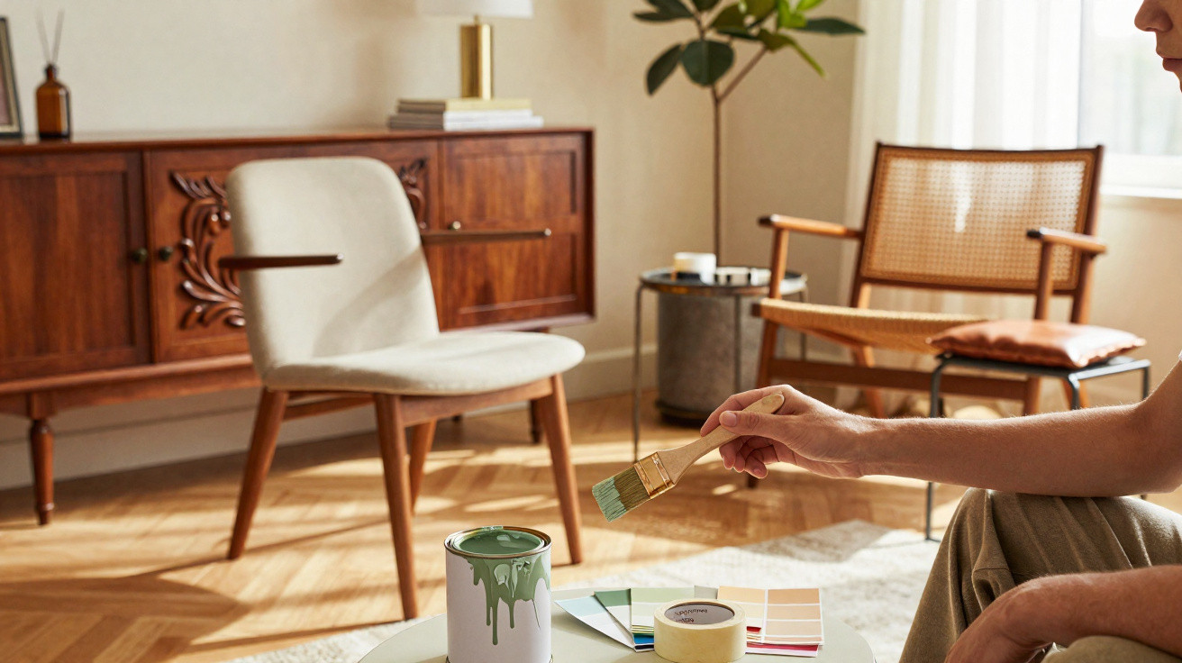 Person holding paintbrush dipping into green paint can in a sunlit mid-century modern living room.