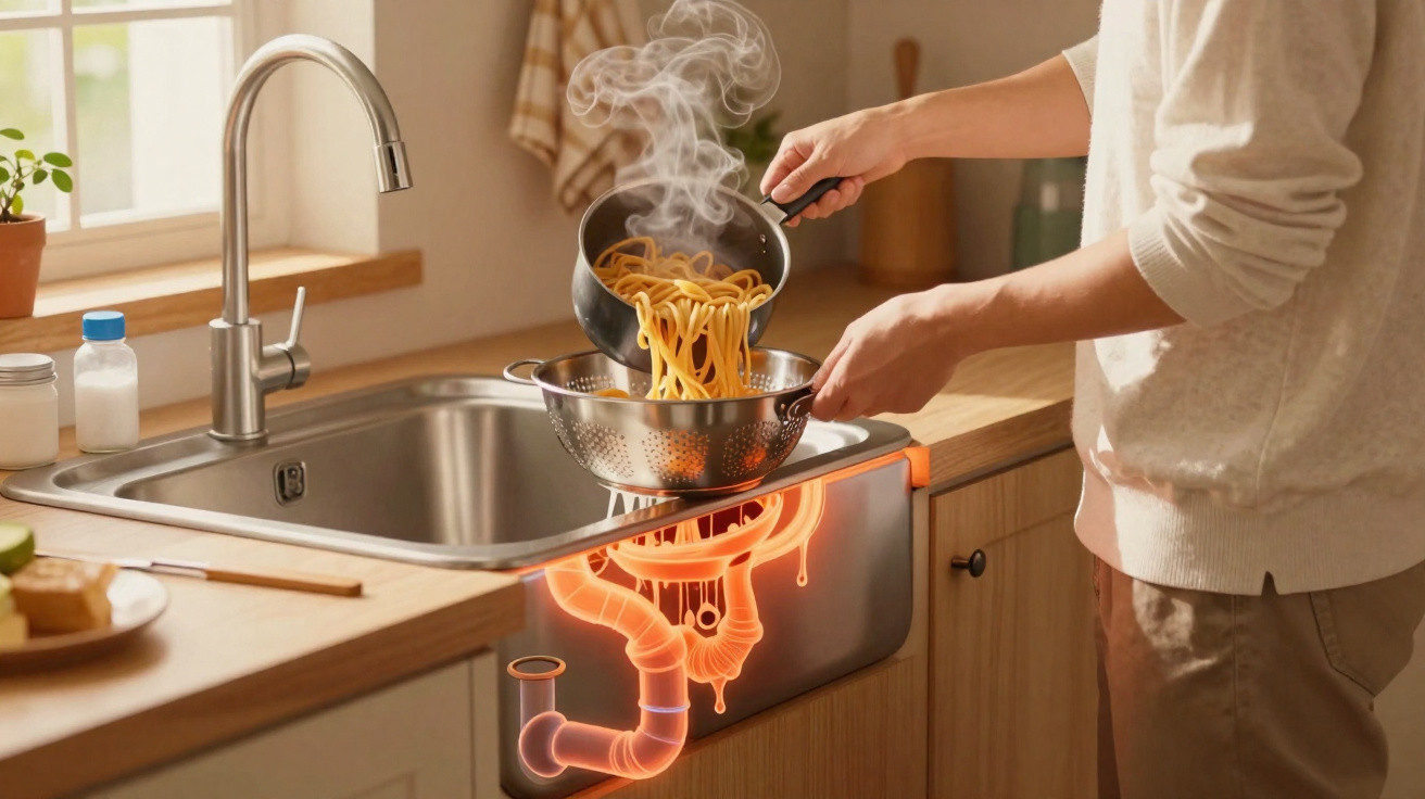 Person draining steaming spaghetti in colander over kitchen sink with highlighted plumbing pipes below