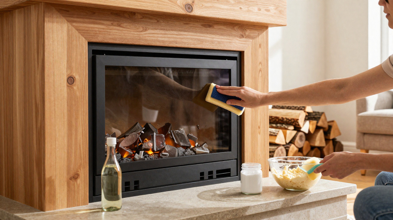 Person cleaning glass of a wood-burning fireplace with a sponge in a cosy living room.