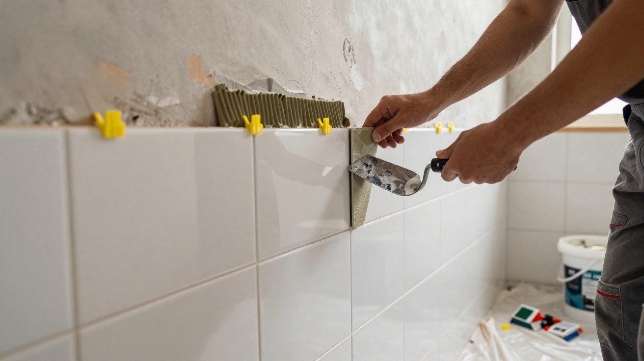 Person installing white ceramic tiles on a wall using tile spacers and adhesive with a trowel.