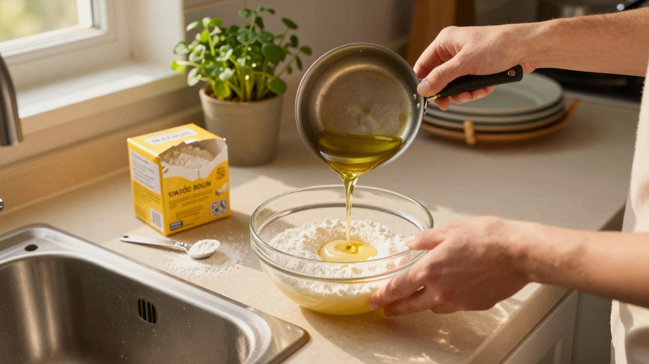 Person pouring oil from a saucepan into a glass bowl of flour on a kitchen counter near a window.