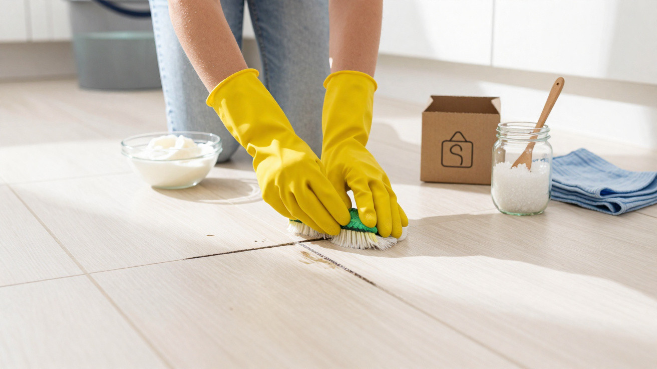 Person wearing yellow gloves scrubbing grout lines on light wooden floor with cleaning brush.