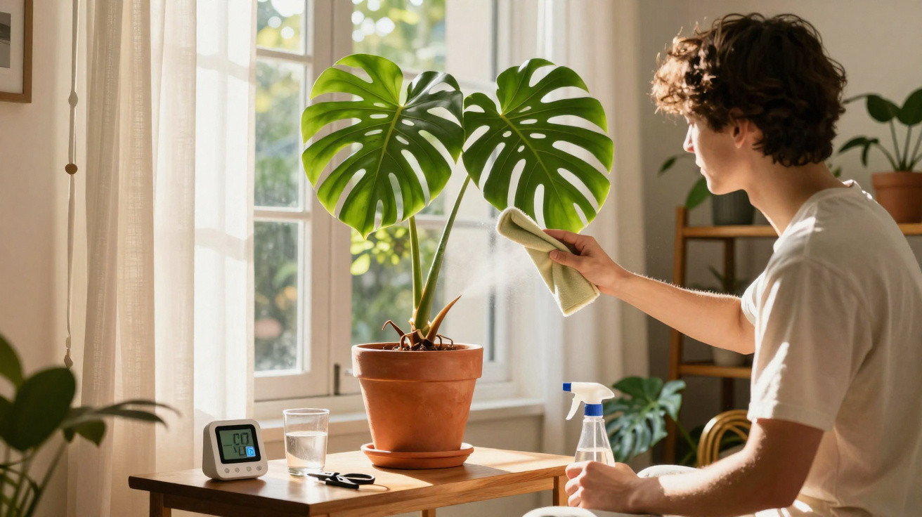 Young man watering and wiping leaves of large houseplant near window in bright room