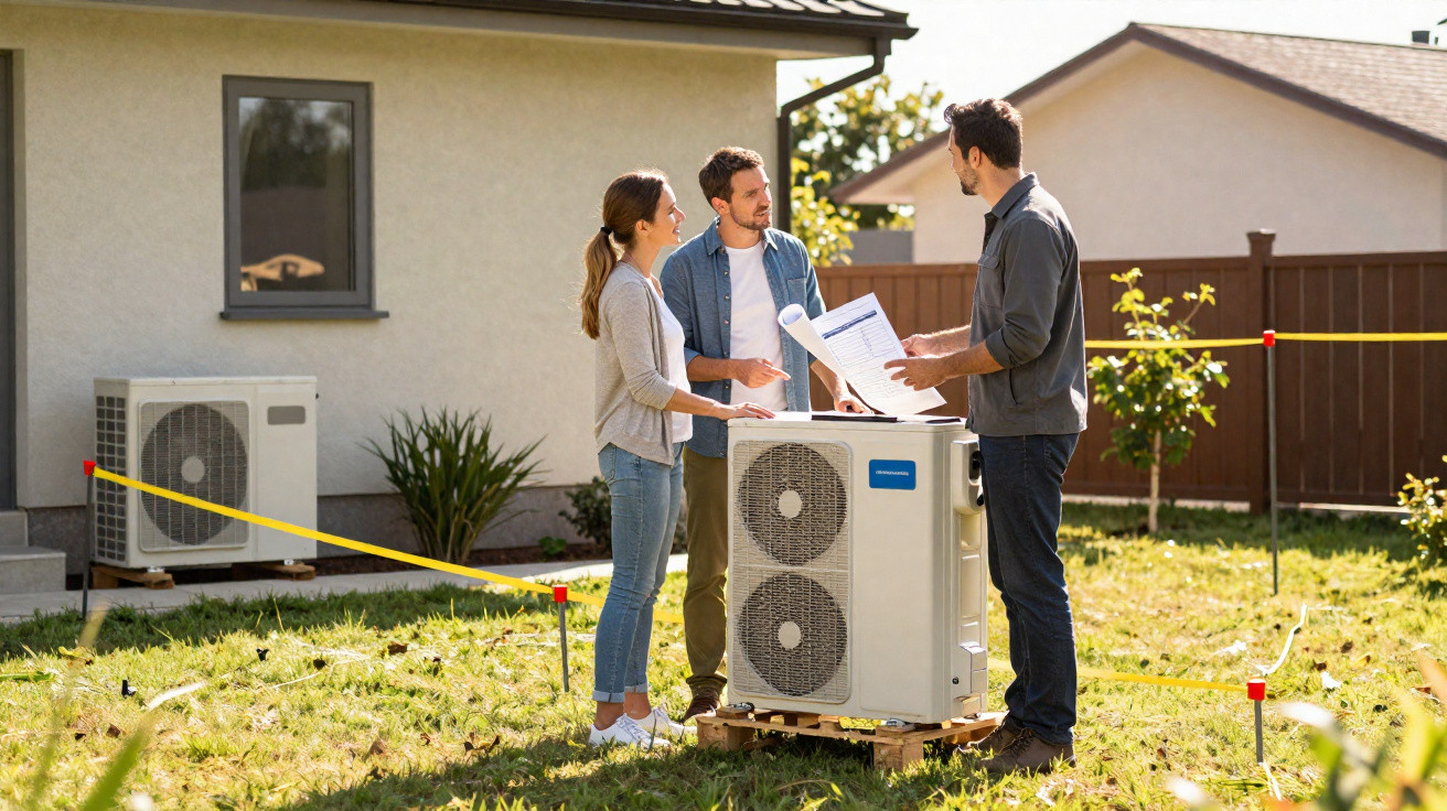 Three people discussing installation of an outdoor heat pump unit beside a house in a garden.