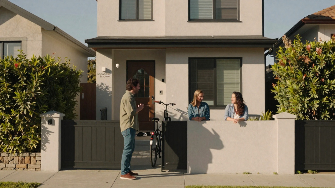 Two women chatting over a front garden wall with a man standing outside a modern suburban house on a sunny day.