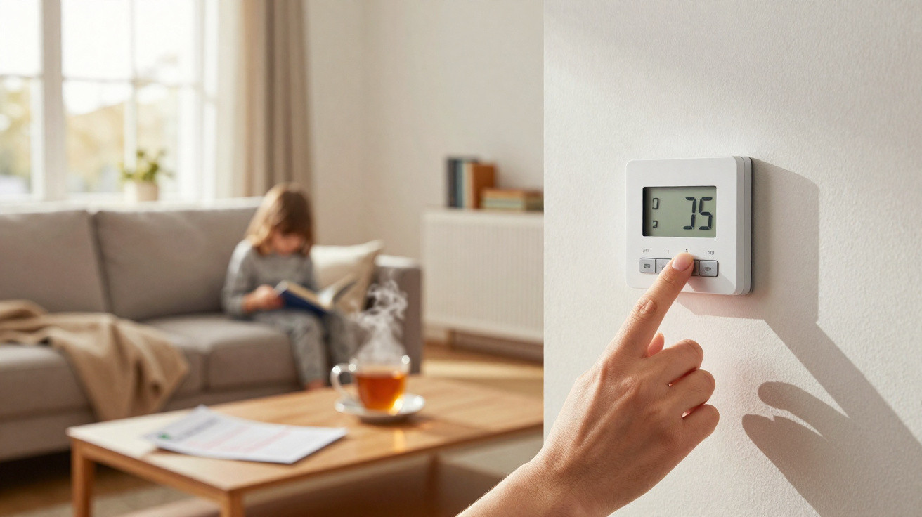Hand adjusting thermostat set to 75°F in a warmly lit living room with a child reading on a sofa.