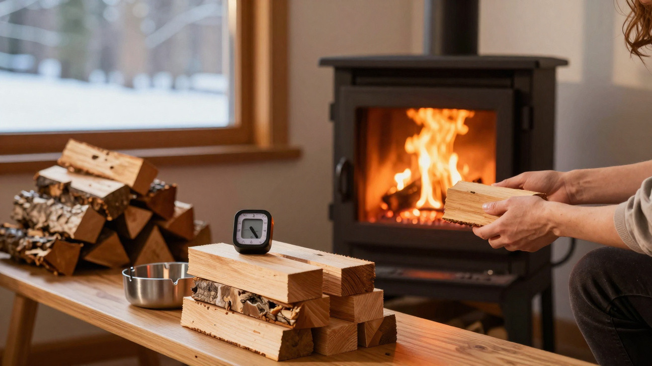 Person stacking firewood on a bench near a burning wood stove in a cosy indoor setting.
