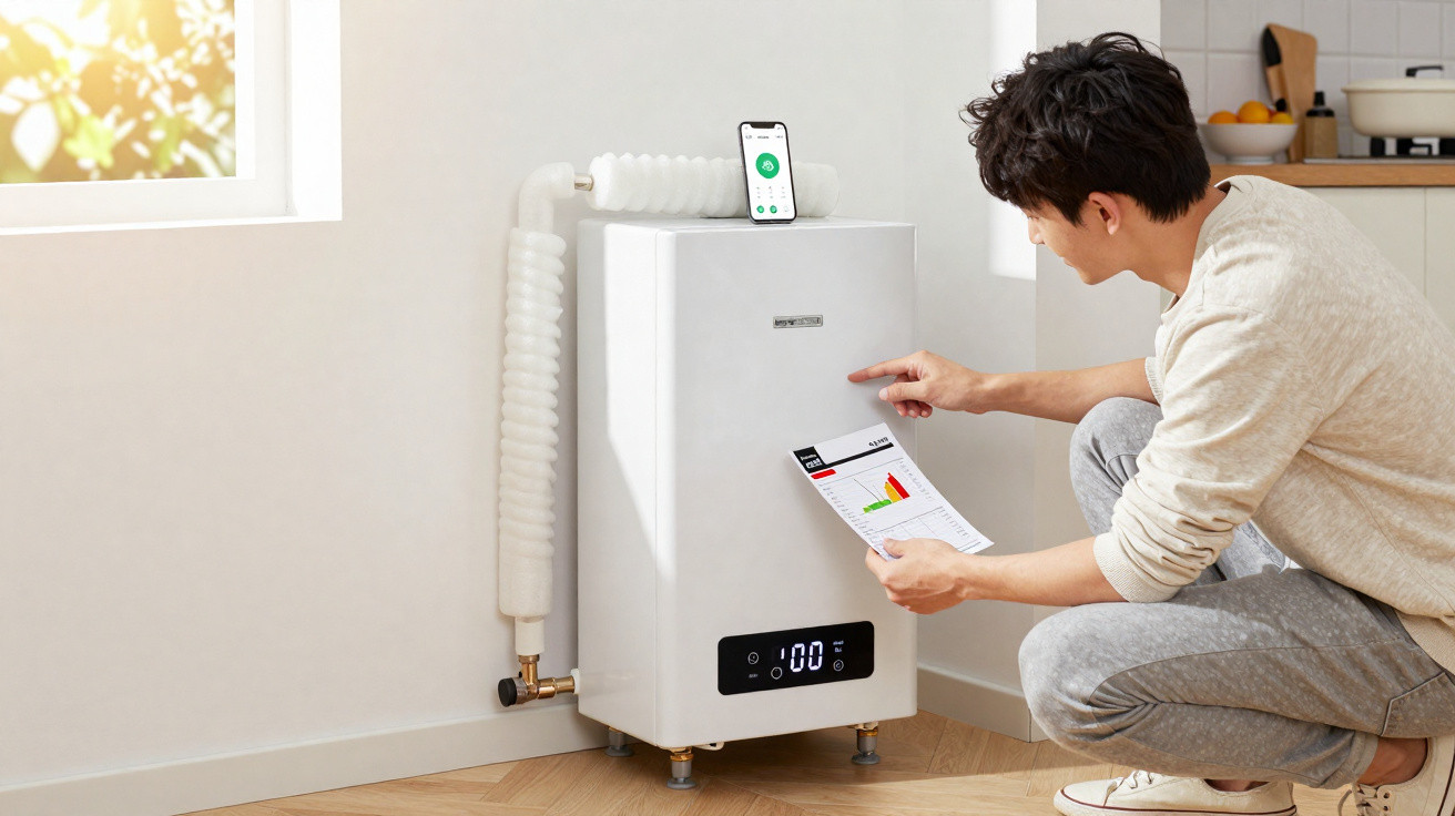 Man checking energy efficiency report of a modern white boiler in a bright kitchen corner with smartphone on top.