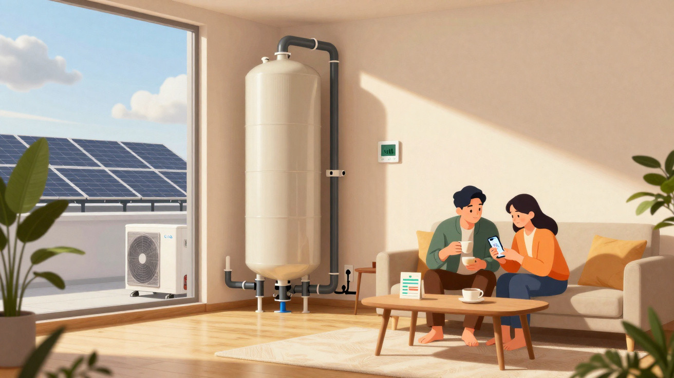 Couple sitting on sofa checking phone with solar water heater and air conditioning unit visible on sunlit balcony.