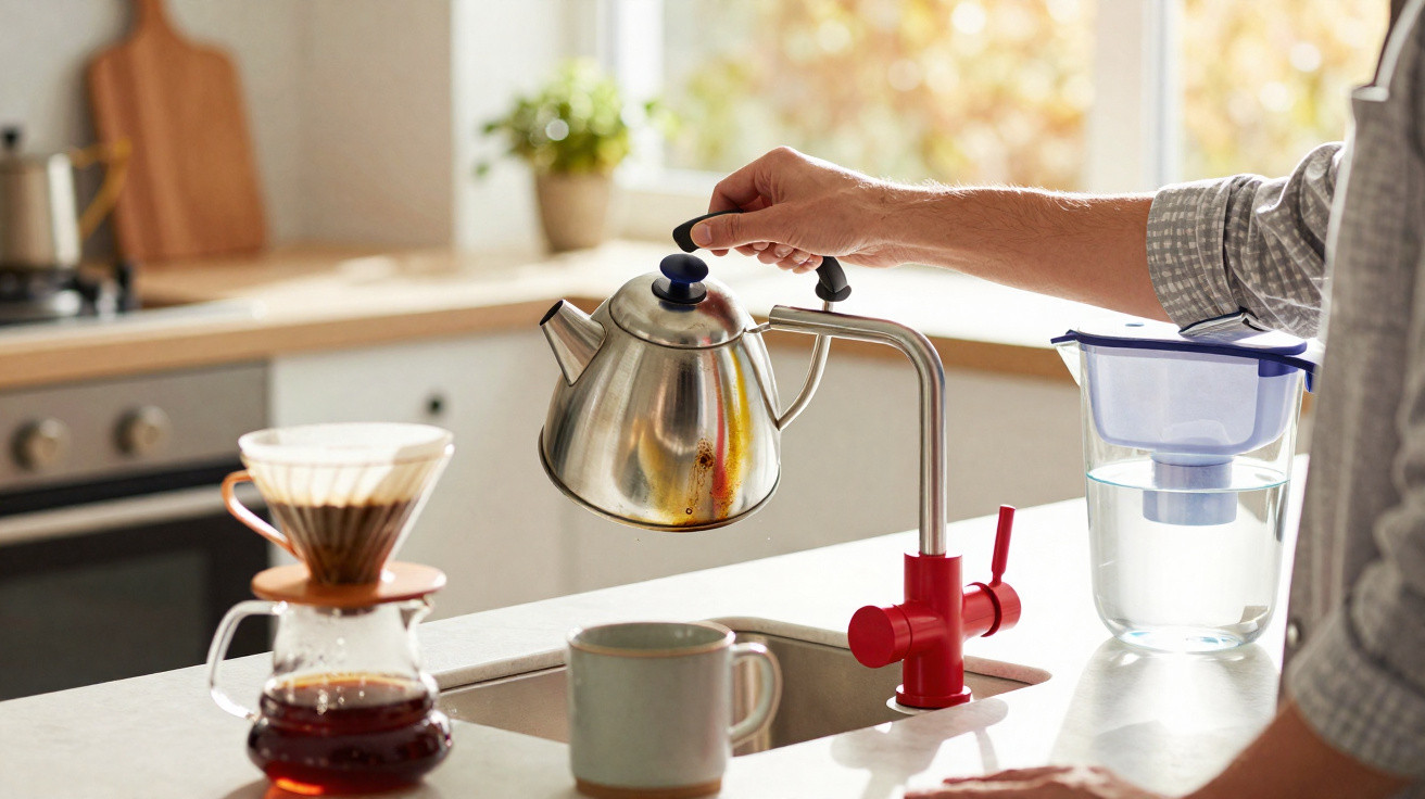 Person filling a metal kettle with water from a modern red kitchen tap on a bright countertop near coffee brewing tools.