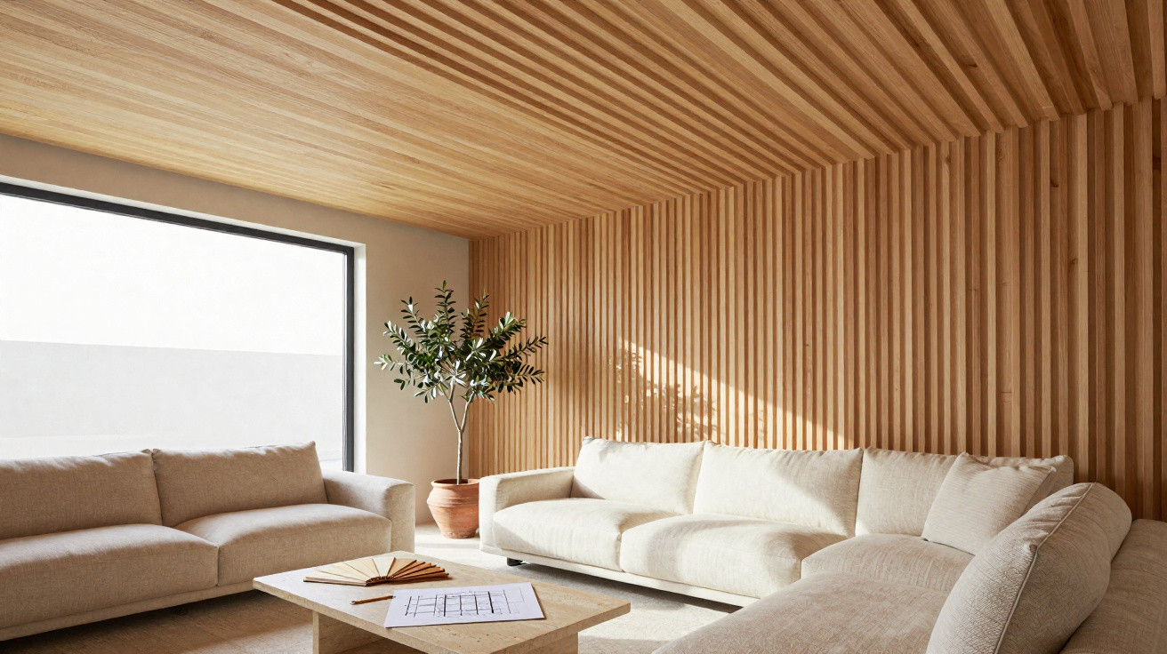 Minimalist living room with beige sofas, wooden slat walls and ceiling, a coffee table, and a potted plant by a large window.