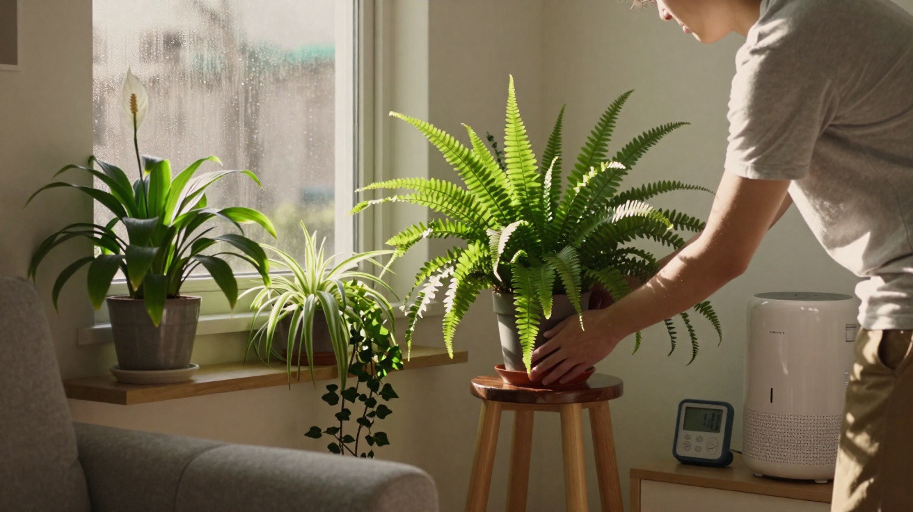 Person adjusting a large fern plant on a wooden stool beside a window with two other potted plants nearby.