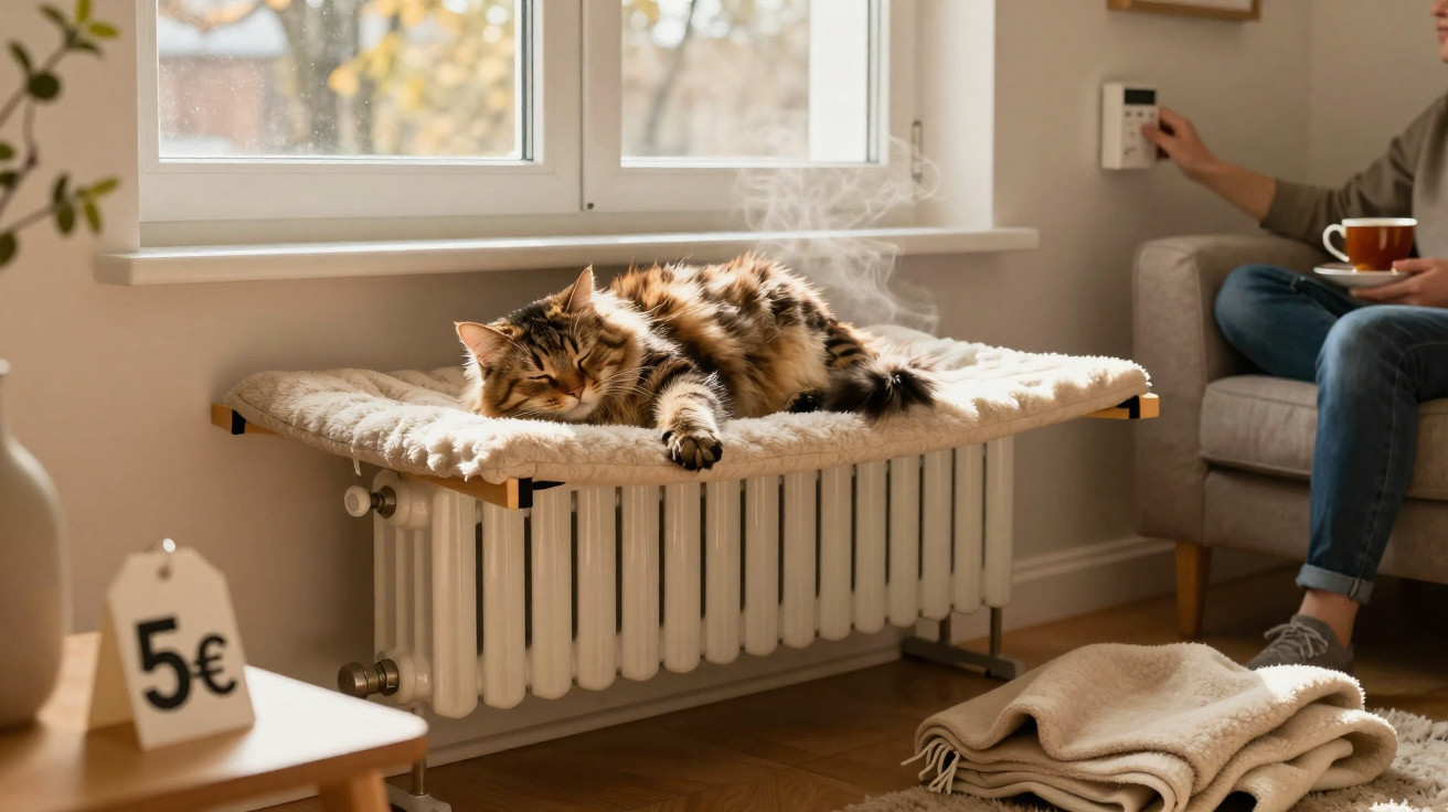 Tabby cat sleeping on a cosy cushion above a radiator in a warm living room with person adjusting thermostat.