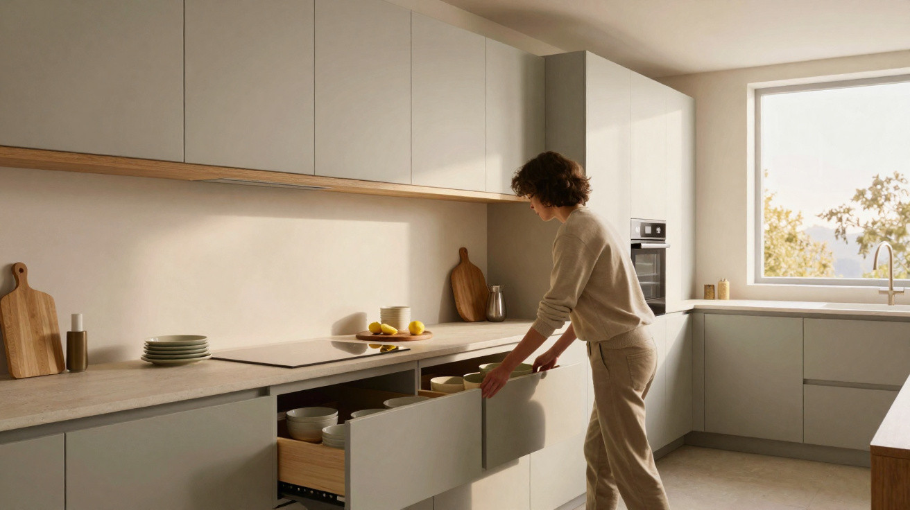 Person opening drawer in a modern kitchen with beige cabinets and natural light from a large window.