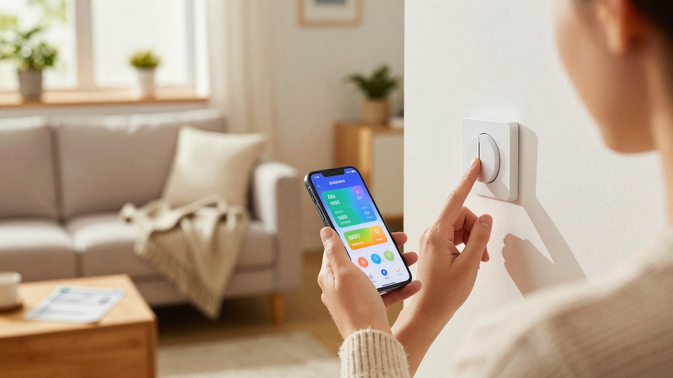 Person adjusting a smart thermostat on the wall while monitoring energy usage on a smartphone app in a living room.