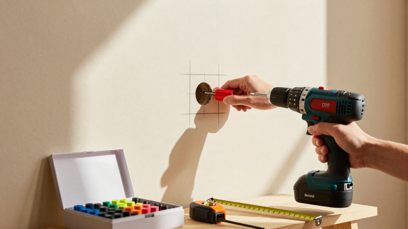Hands using a cordless drill with a rotary cutting attachment to cut a hole in a marked wall.