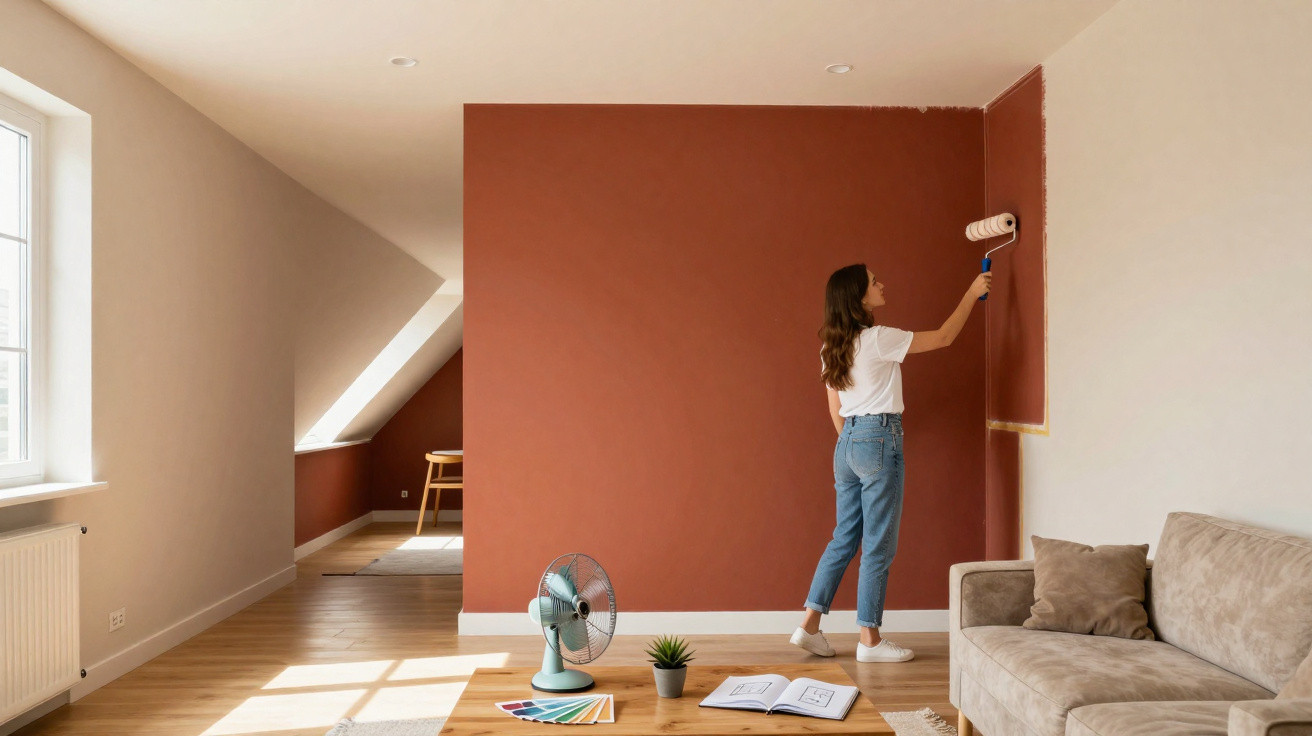 Woman painting a living room wall terracotta red with a paint roller beside a grey sofa and window.