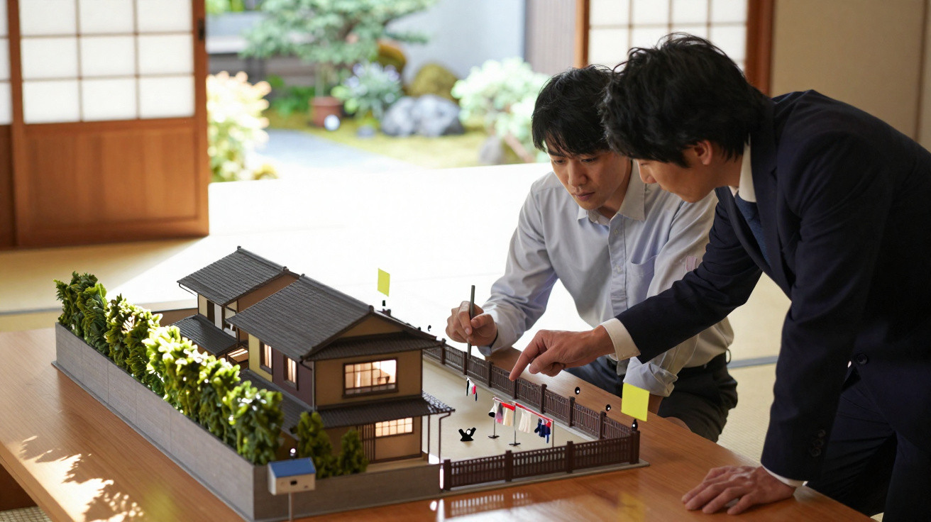 Two men examining a detailed architectural model of a traditional Japanese house on a wooden table.