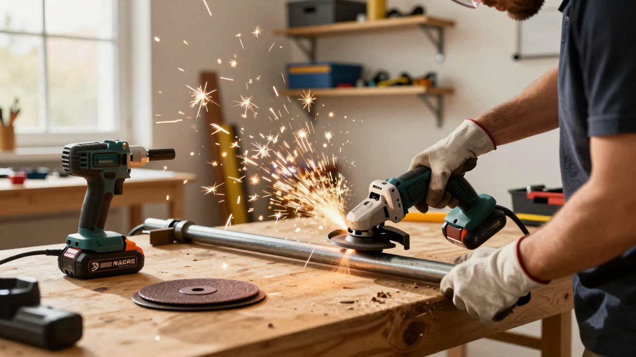 Person wearing gloves grinding a metal pipe with an angle grinder, sparks flying in a workshop.