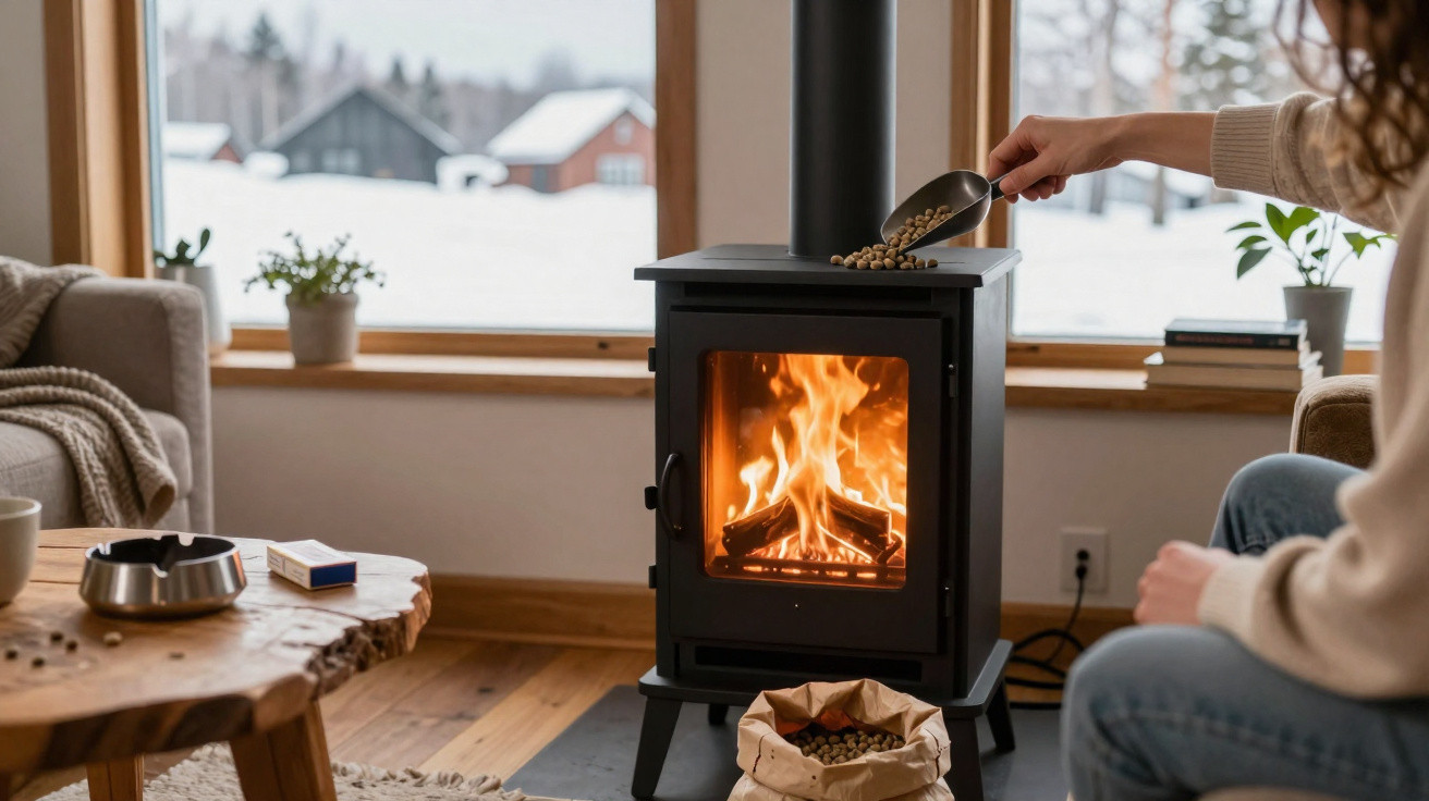 Person adding wood pellets to a burning stove in a cosy living room with a snowy window view.