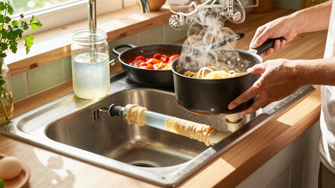 Hands draining cooked spaghetti into a sink with a pasta strainer attachment, steam rising from the pot.