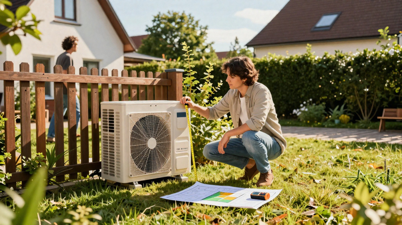 Man measuring outdoor air conditioning unit in garden with blueprints and multimeter on grass nearby