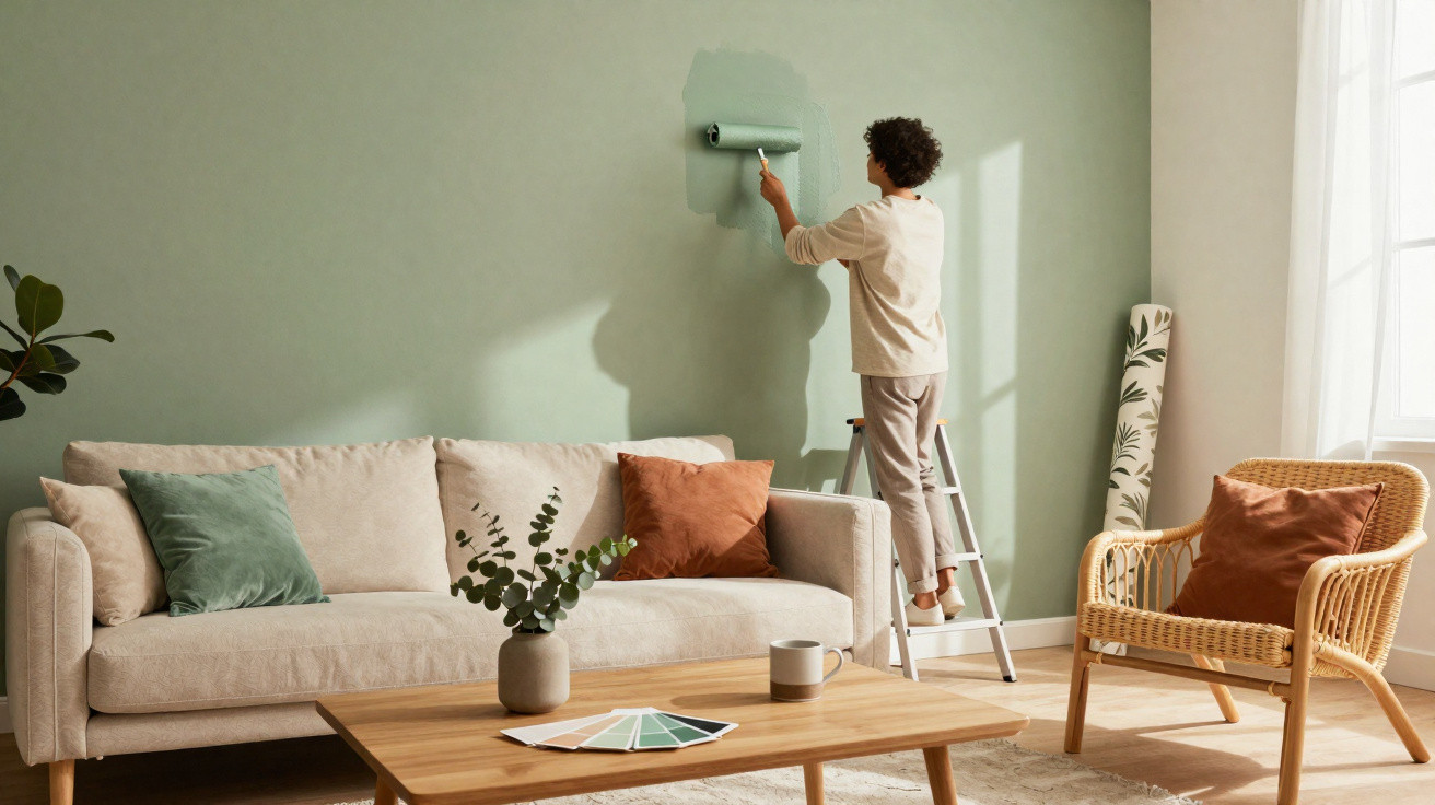 Person standing on a ladder painting a green wall in a bright living room with a sofa and armchair.