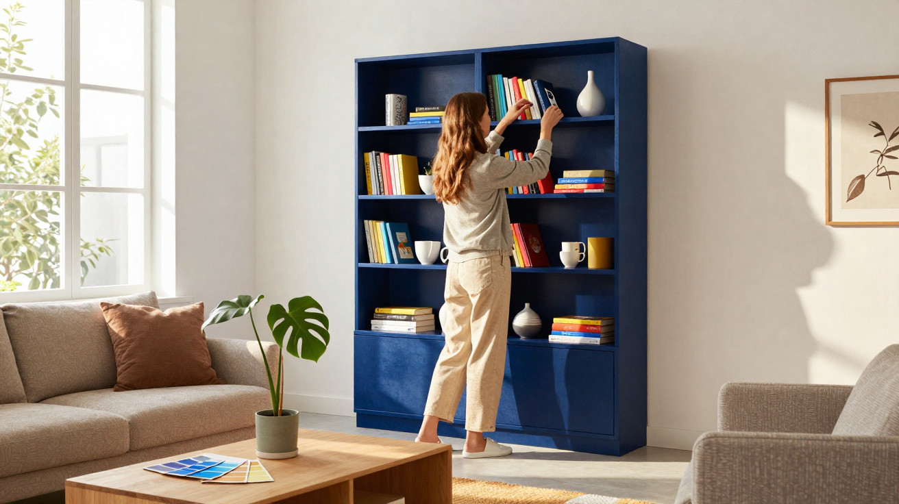 Woman arranging books on a tall blue bookshelf in a bright, modern living room with neutral decor.
