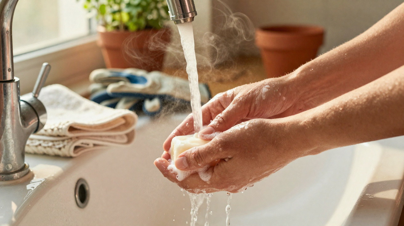 Hands washing with soap under running hot water from a kitchen sink tap with steam visible.