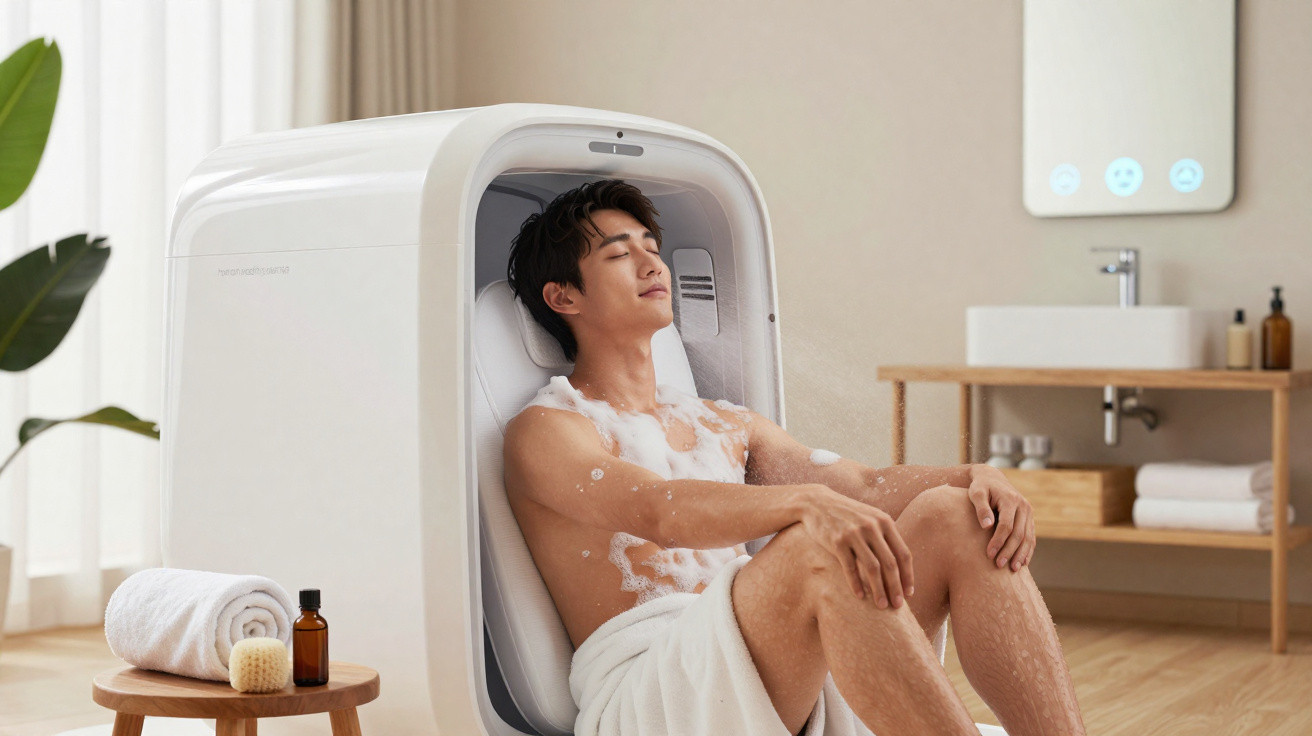 Young man relaxing in a modern steam sauna with foam on his body in a bright, minimalist bathroom.