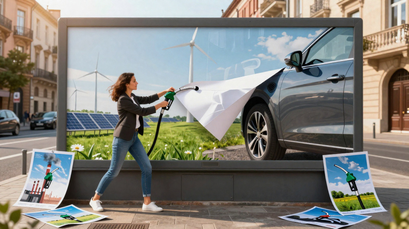 Woman pulling a petrol pump nozzle paper to reveal a clean electric car and renewable energy background on billboard.