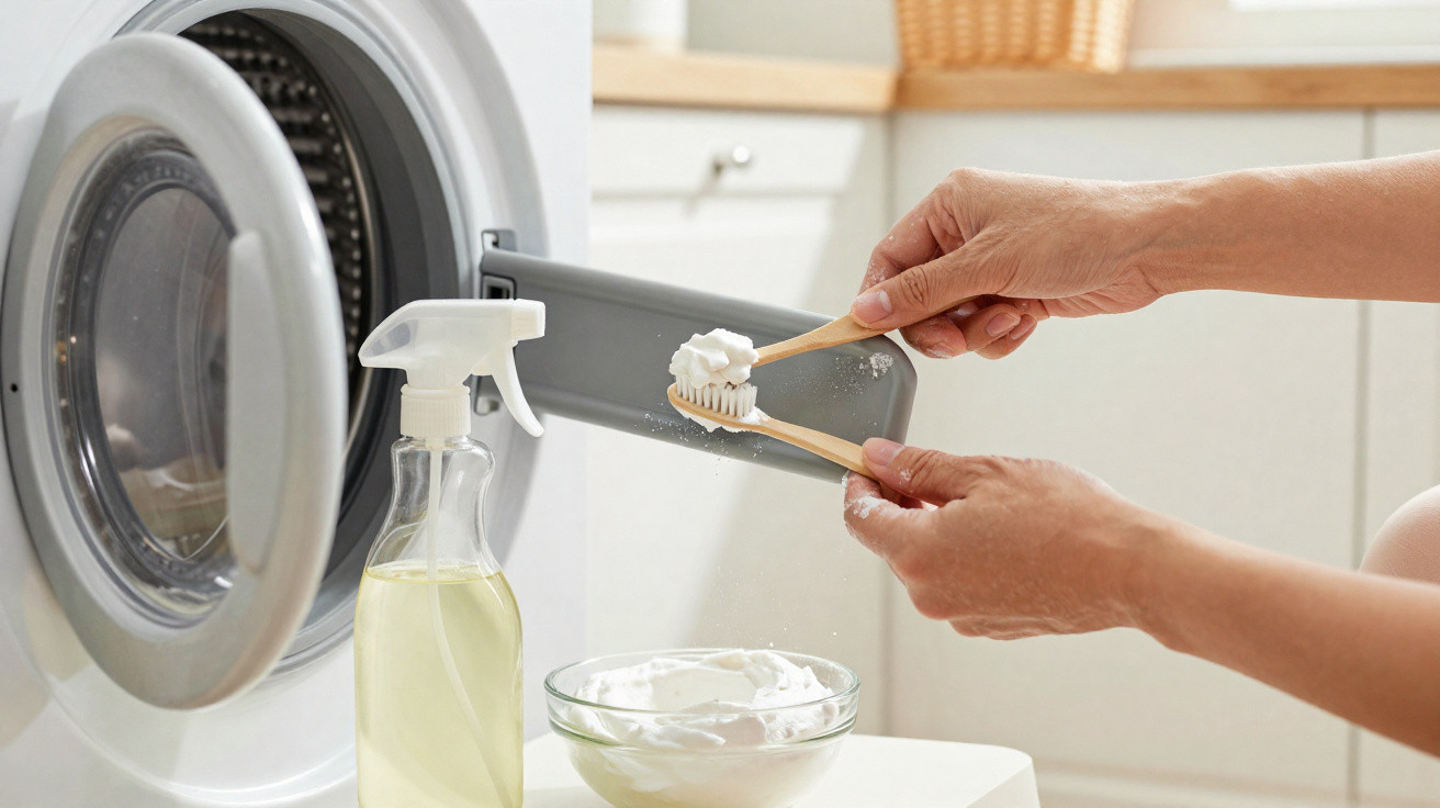 Person cleaning a silicone washing machine detergent drawer with a toothbrush and cleaning spray in a kitchen.