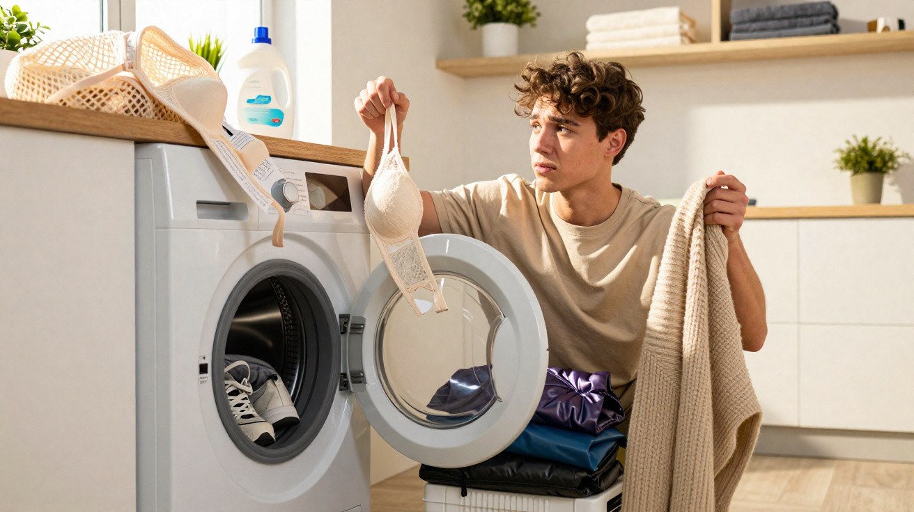 Young man sorting laundry by a washing machine, holding a beige bra and knitted sweater indoors.