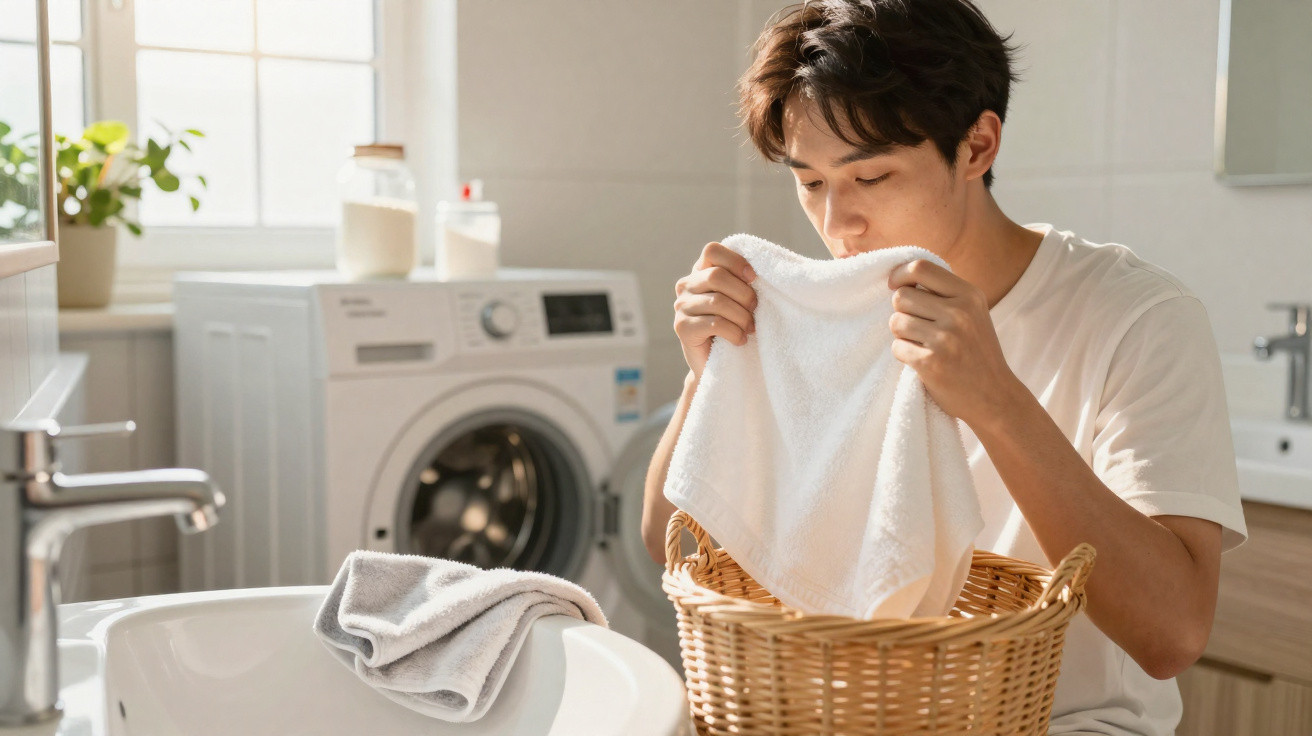 Young man smelling a clean white towel in a bright laundry room with a washing machine in the background.