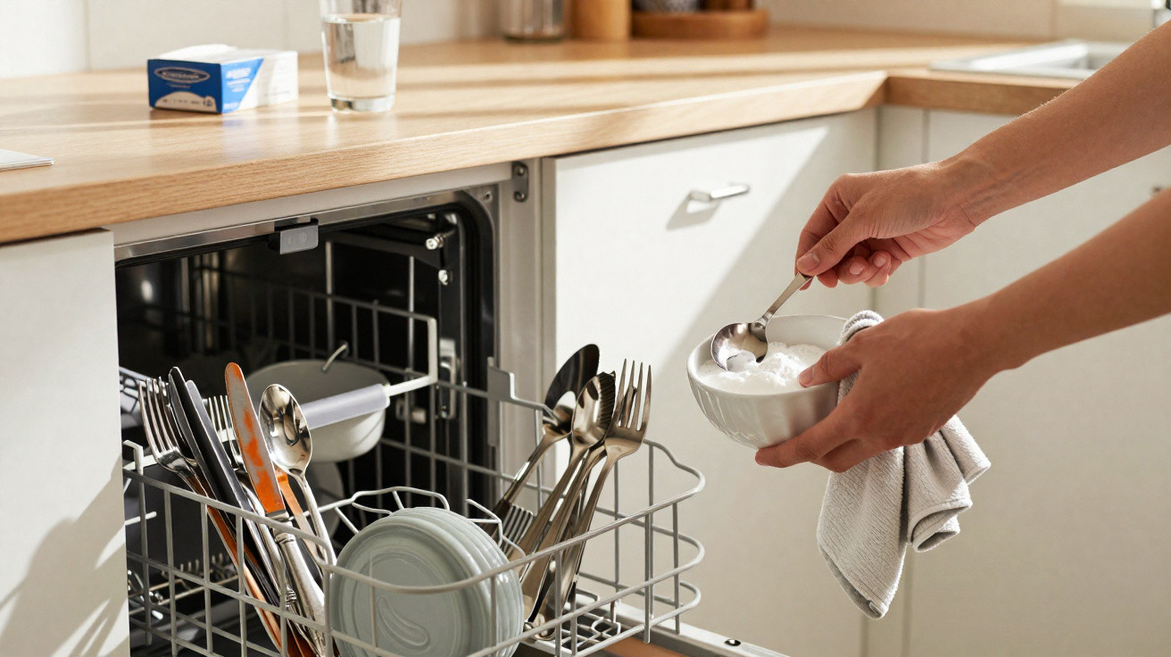 Hands holding a bowl and spoon near an open dishwasher filled with cutlery and plates in a kitchen.