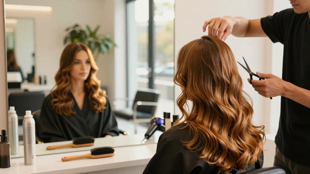 Woman with wavy brown hair getting a haircut at a salon sitting in front of a mirror with styling tools nearby.
