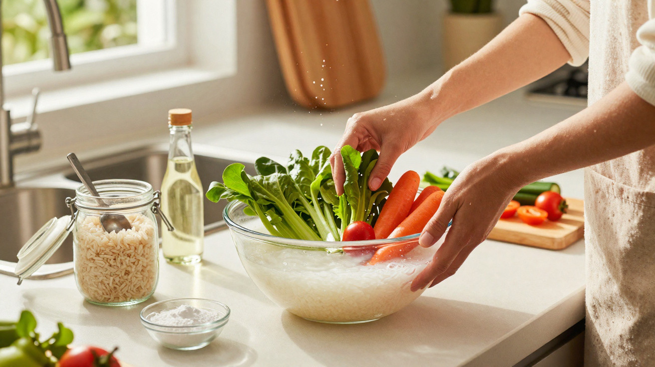 Person washing leafy greens and carrots in a clear bowl filled with water in a bright kitchen.