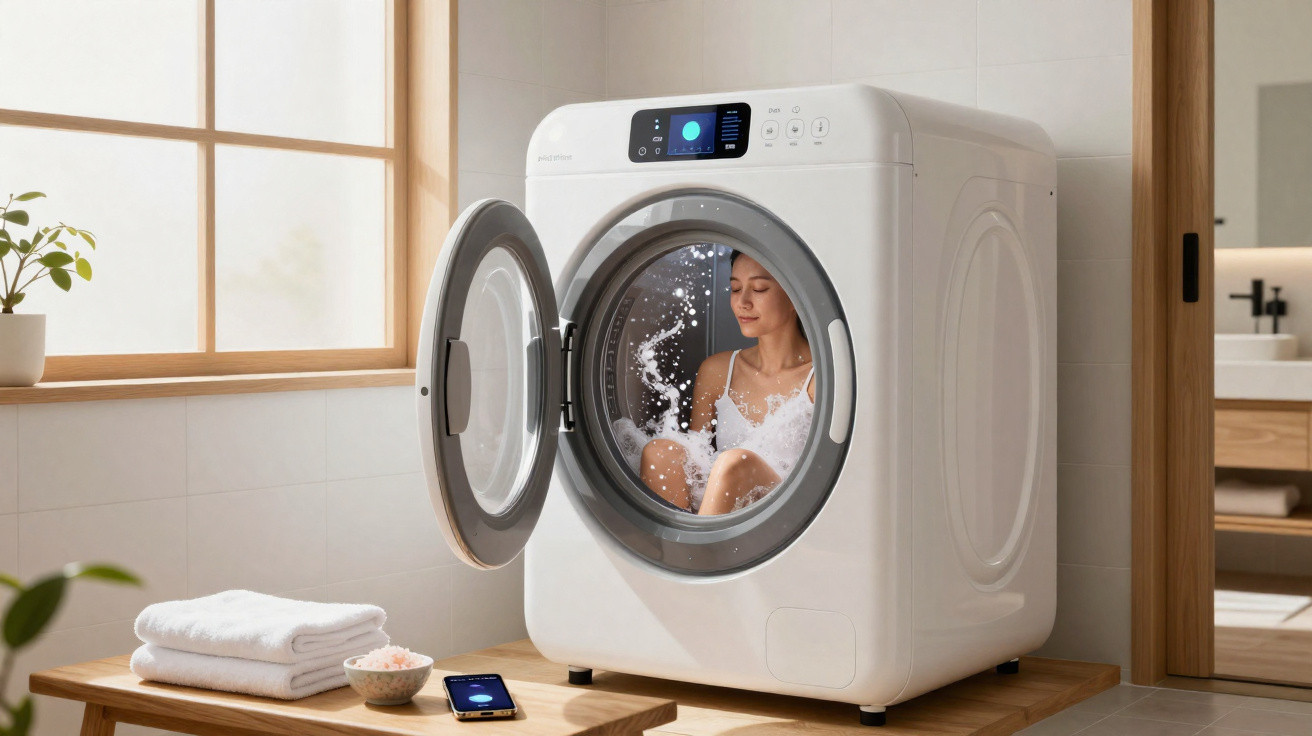 Woman in white dress sitting inside an open front-loading washing machine with soap suds in a modern bathroom.