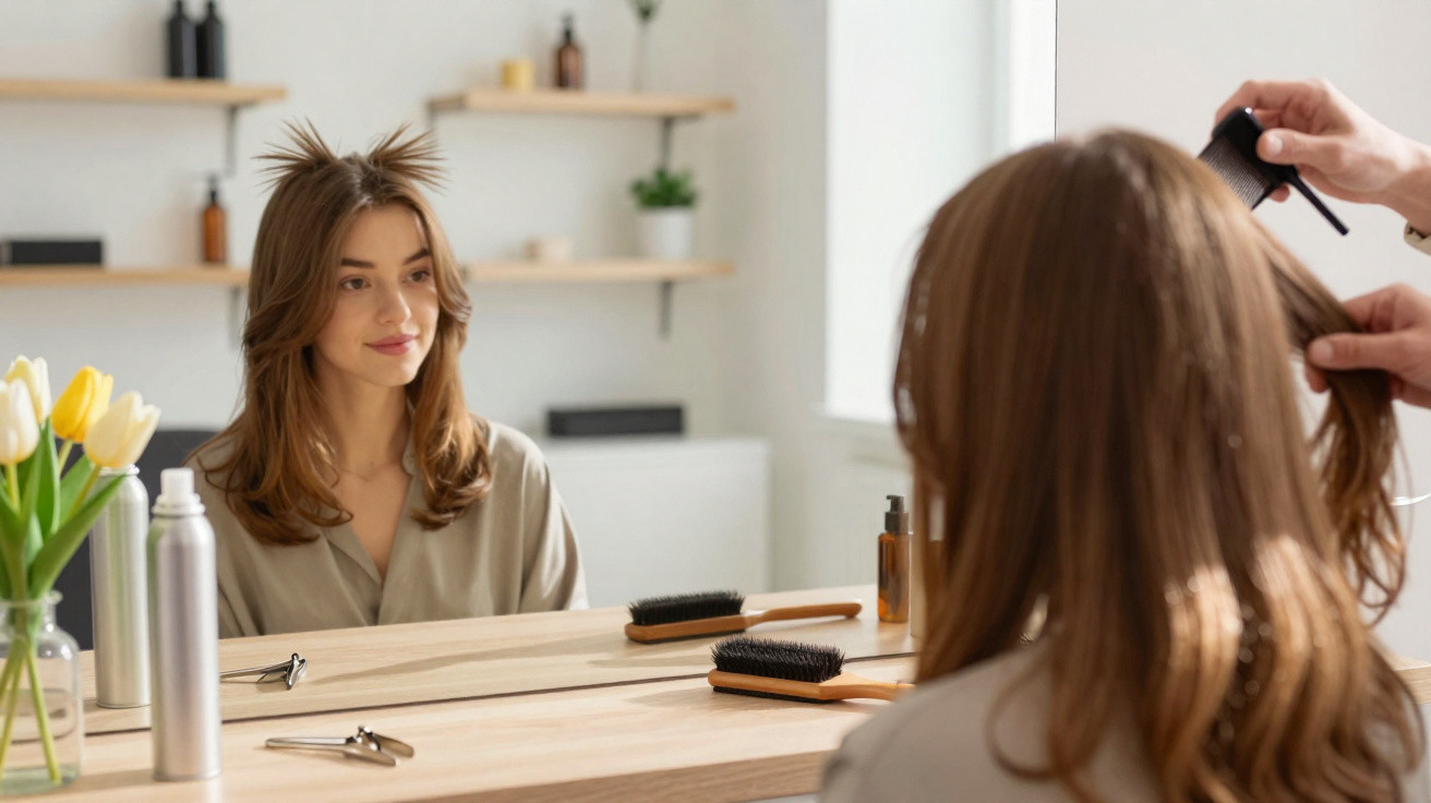 Woman with medium brown hair sitting at a salon mirror while a stylist combs her hair.