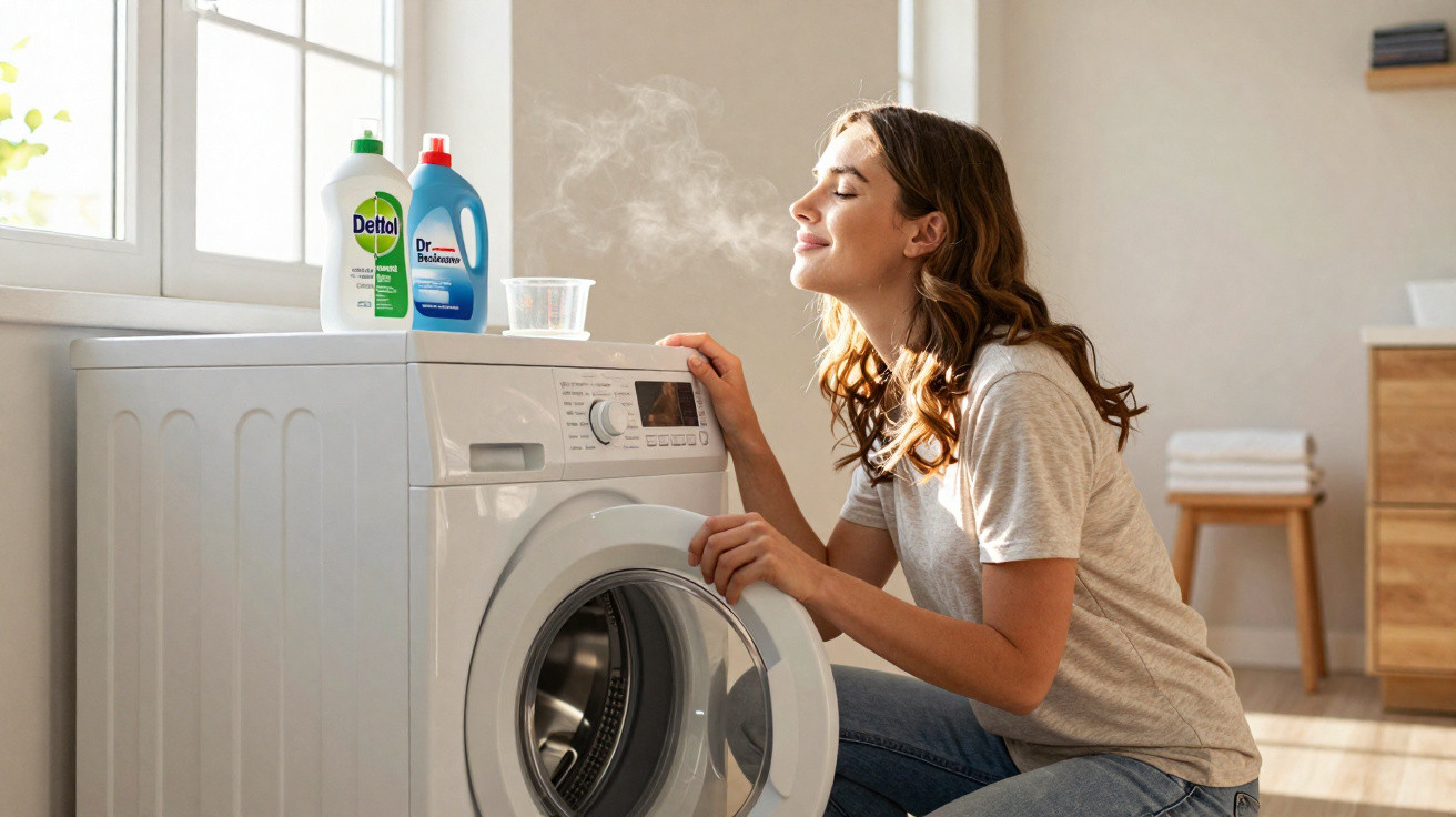 Woman kneeling by a washing machine, enjoying the steam with laundry detergent bottles on top in a bright room.