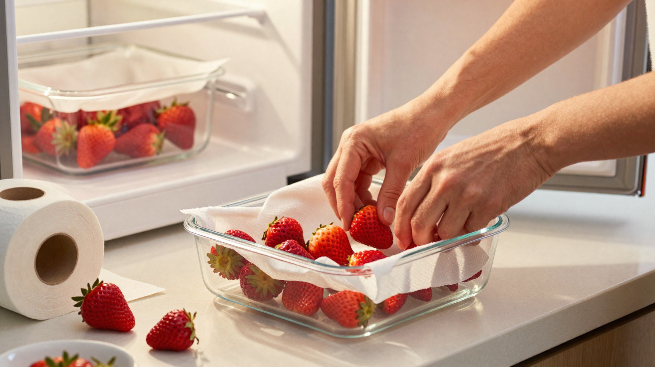 Hands placing fresh strawberries lined with paper towel in a glass container beside an open fridge.