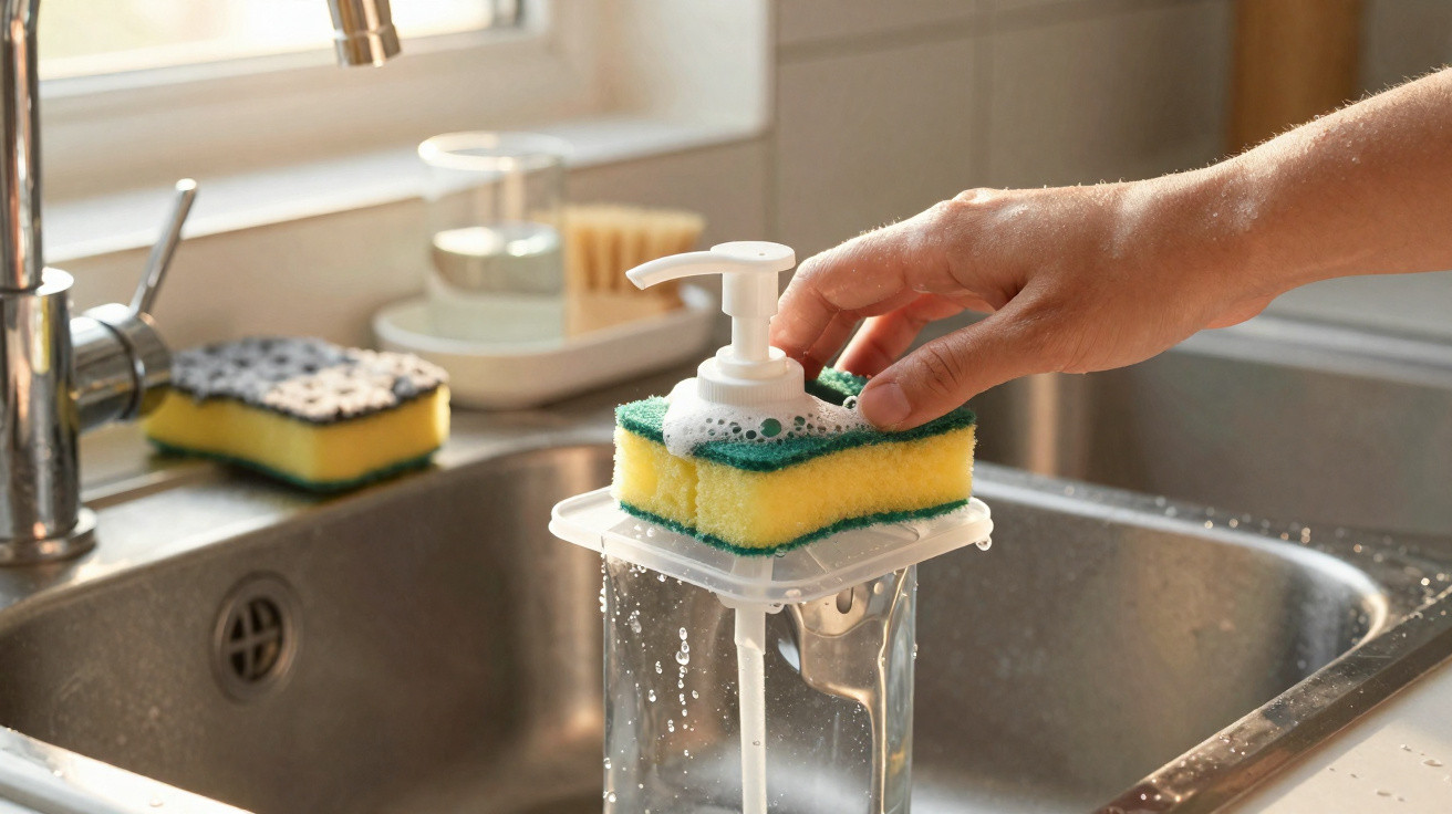 Hand pressing a sponge soap dispenser on a kitchen sink with another sponge in the background.