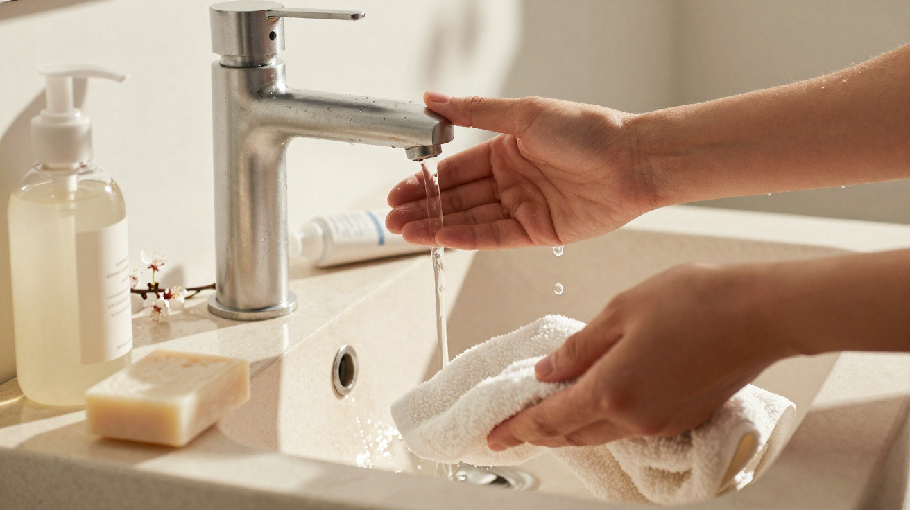 Hands holding a white towel under running water from a silver faucet over a beige bathroom sink.
