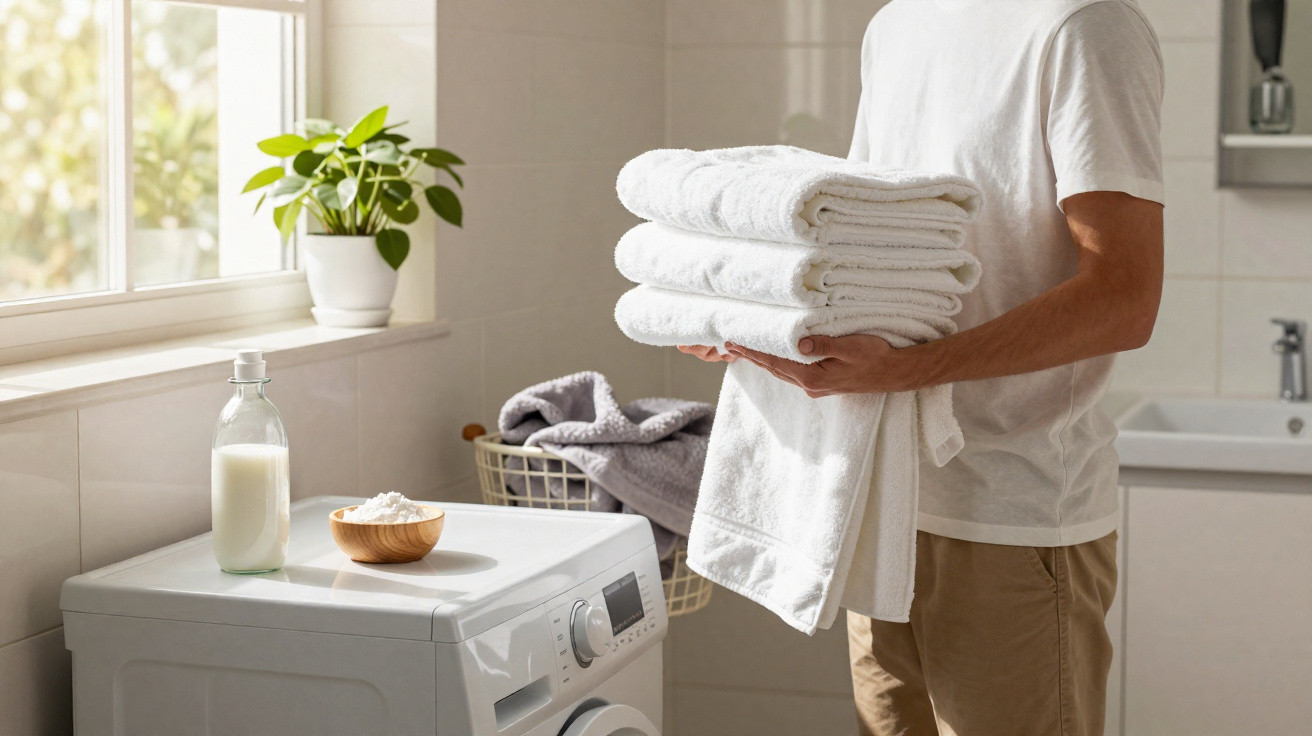 Person holding freshly folded white towels in a bright laundry room with washing machine and plant nearby.